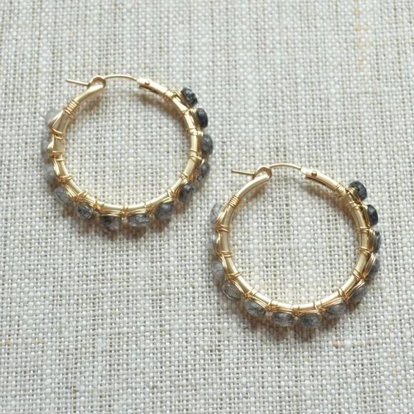 Black Rutilated Quartz Wire Wrapped Gold Hoops - Picture 10 of 11